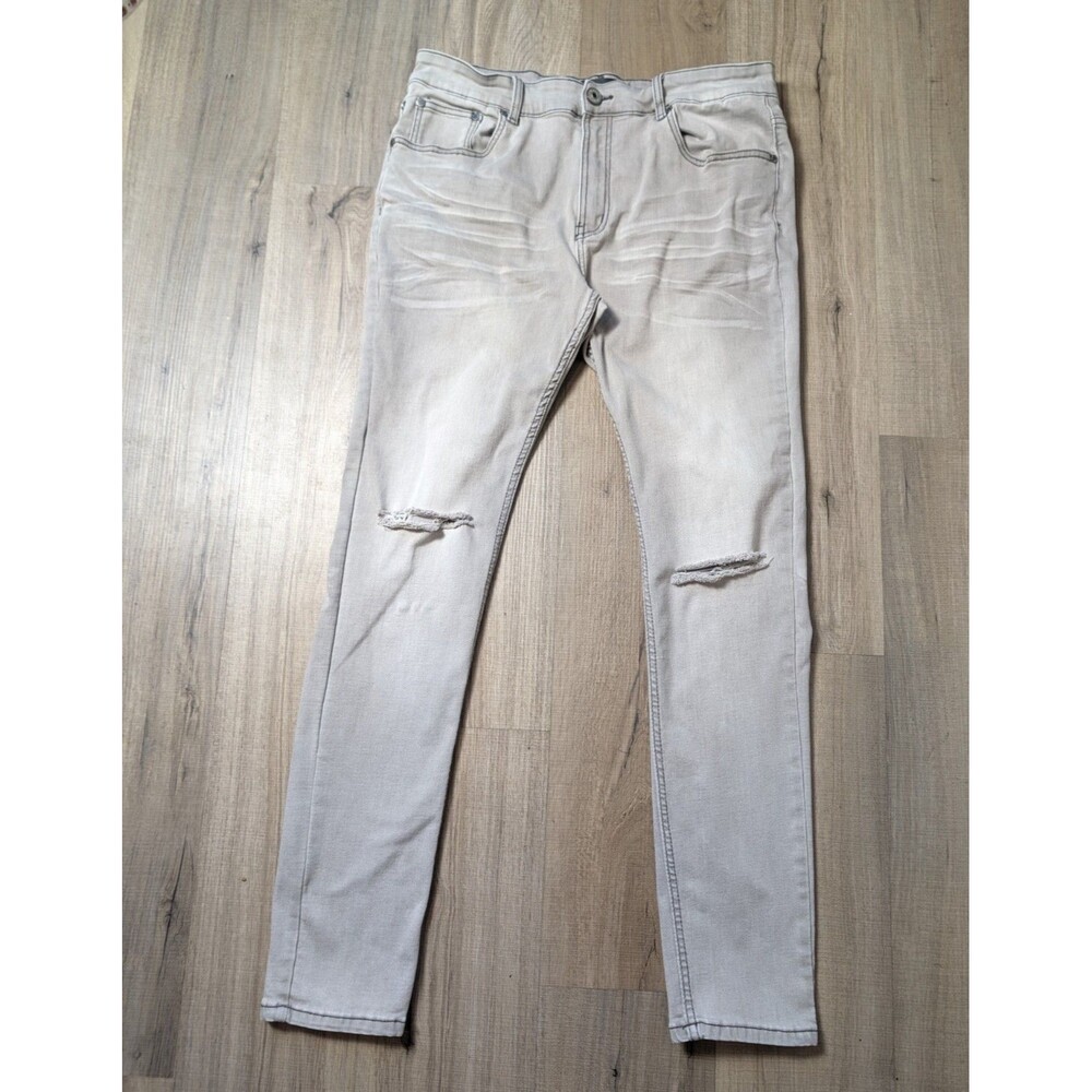 Serenede Size 36X32 Fitted Jeans Grey Distressed Ripped Streetwear Y2K Rocker